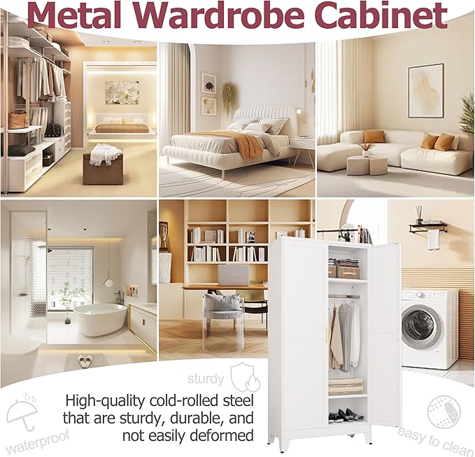 GAIOUS Metal Wardrobe Cabinet with Hanging Rod, 71" Metal Clothing Storage Cabinets with 2 Doors and Adjustable Shelves, White Armoire Wardrobe Closet for Bedroom, Laundry Room, Cloak Room