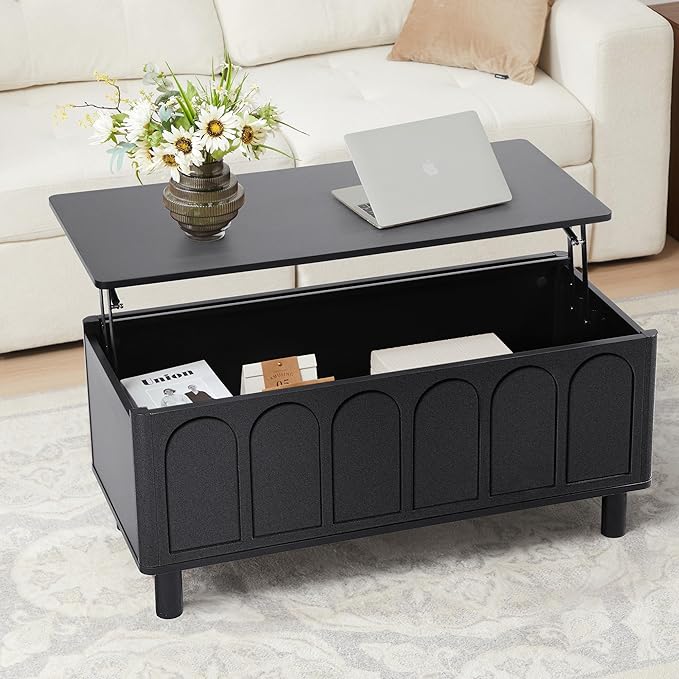 Lift Top Coffee Table with Arched Finish, Modern Coffee Table with Lifting Tabletop & Hidden Storage, Wood Center Table for Living Room,Convenient for Dining, Gaming or Working (Black)