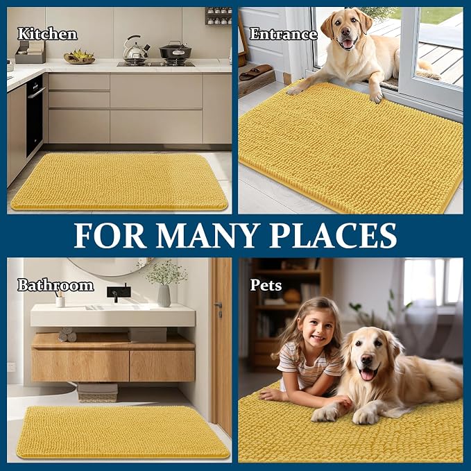 OLANLY Dog Door Mat for Muddy Paws 54x24, Absorbs Moisture and Dirt, Absorbent Non-Slip Washable Doormat, Quick Dry Chenille Mud Mat for Dogs, Entry Indoor Entryway Carpet for Inside Floor, Yellow - Image 8