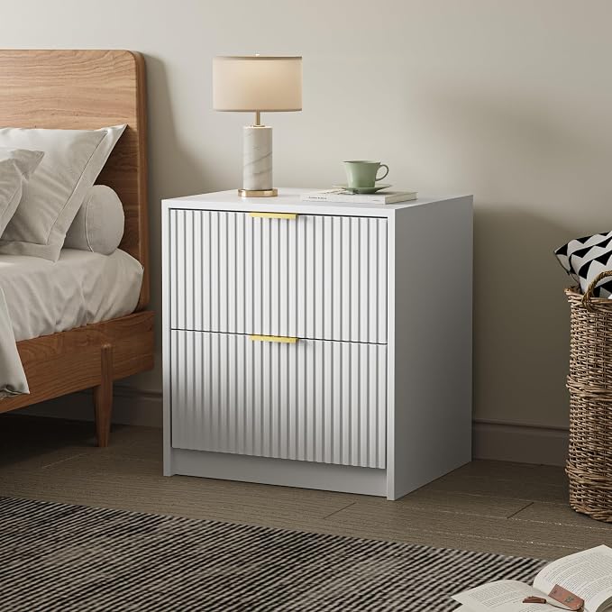 MAISONARIA Fluted Nightstands Set of 2 with 2 Drawers, 19.6" Modern Storage Bedside Table with Golden Metal Handles, Wooden End Table for Bedroom, White - Image 4