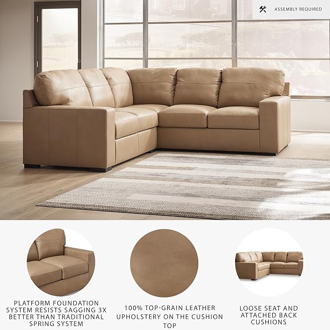 Signature Design by Ashley Bandon Modern Leather Match Right-Arm Facing 2-Piece Sectional with Removable Cushions and Armrest, Light Brown