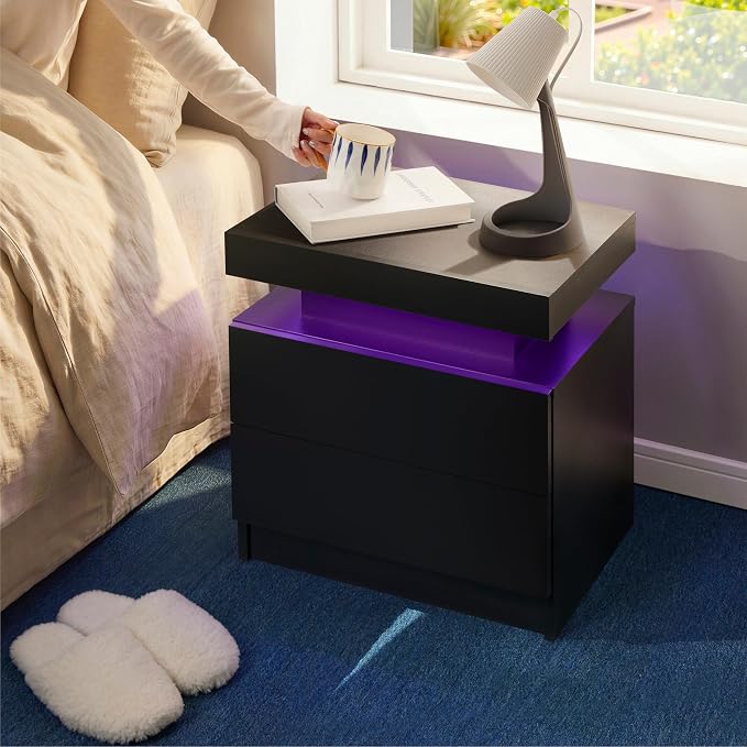 i-aplus Black Night Stand LED Nightstand with 2 Drawers Modern Bedside Tables for Bedroom, Living Room - Image 5