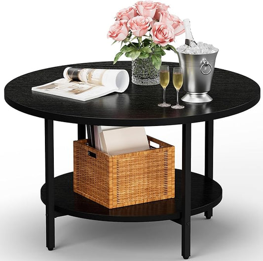 Coffee Table, 27.6“ Circle Coffee Tables for Living Room, 2 Tier Round Coffee Table with Storage, Wood Accent Center Floor Table for Bedroom, Industrial Home Office, Black (27.6" D x 17.7" H)