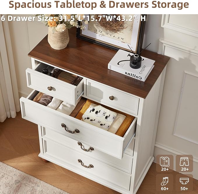 Joaxswe Farmhouse 6 Drawer Dresser Set of 2 for Bedroom, 42" Tall Rustic Chests of Drawers w/ 4 Solid Wood Feet, Mid Century Vintage Wooden Closet Storage Dressers Organizer for Living Room,White - Image 4
