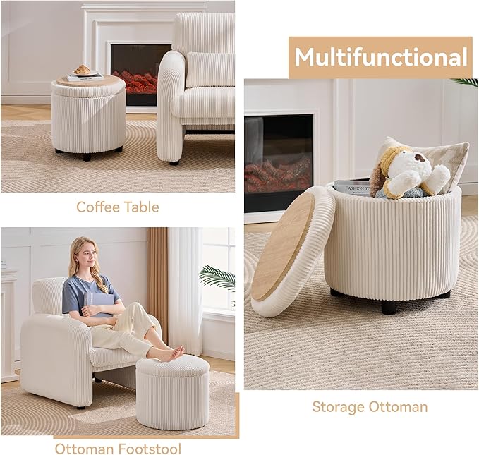 WUTUTUEE Corduroy Storage Ottoman with Flip-Top Tray, Modern Upholstered Ottoman Coffee Table, Dual Leg Options Ottoman Footrest for Living Room, Bedroom, Office, White