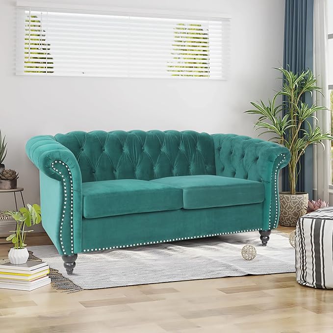 LEVNARY Velvet Sofa, Chesterfield Tufted Upholstered 2 Seater Couch, Modern Loveseat Couch Classic Furniture for Living Room Bedroom (Green)