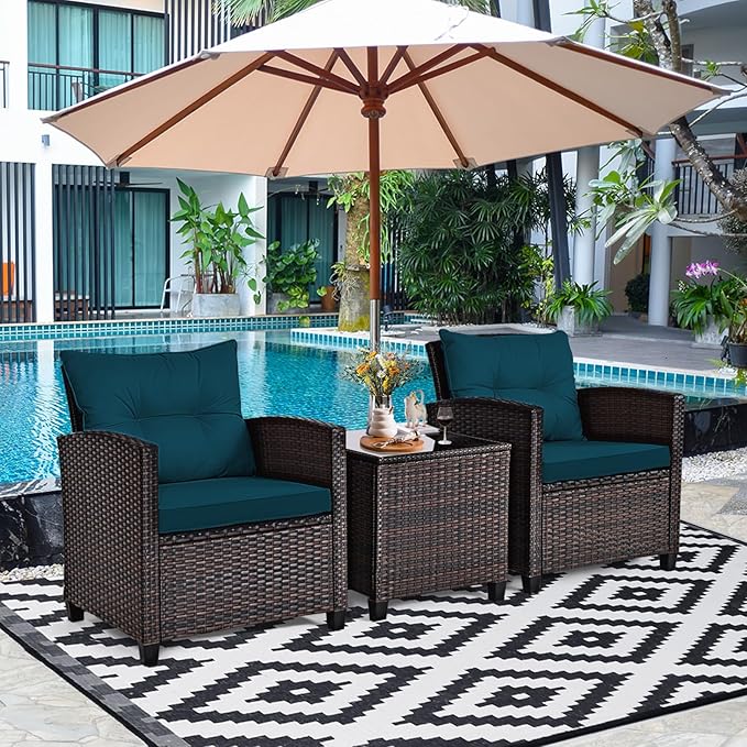 KOTEK 3 Piece Patio Furniture Set, Outdoor Conversation Set with Washable Cushions & Tempered Glass Tabletop, PE Rattan Wicker Bistro Set for Porch, Garden, Balcony (Peacock Blue)