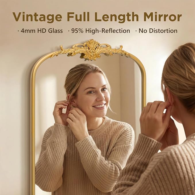 Besdomus Antique Full Length Mirror: 21"x56" French Gleaming Gold Arched Full Body Mirror - Floor Vintage Baroque Traditional Ornate for Entryway/Cloakroom/Bedroom - Home Decor for Interior Designers - Image 4