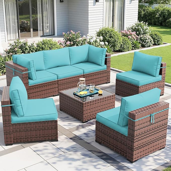 Amopatio Patio Furniture Sets with Waterproof Cover 7 Pieces Patio Conversation Set Outdoor Sectional Wicker Rattan Sofa,Patio Furniture with Pillows Fits Porch Garden Backyard Balcony(Sky-Blue)