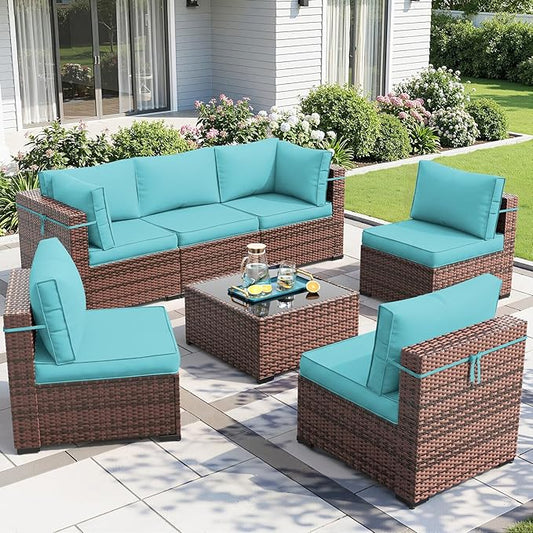 Amopatio Patio Furniture Sets with Waterproof Cover 7 Pieces Patio Conversation Set Outdoor Sectional Wicker Rattan Sofa,Patio Furniture with Pillows Fits Porch Garden Backyard Balcony(Sky-Blue)