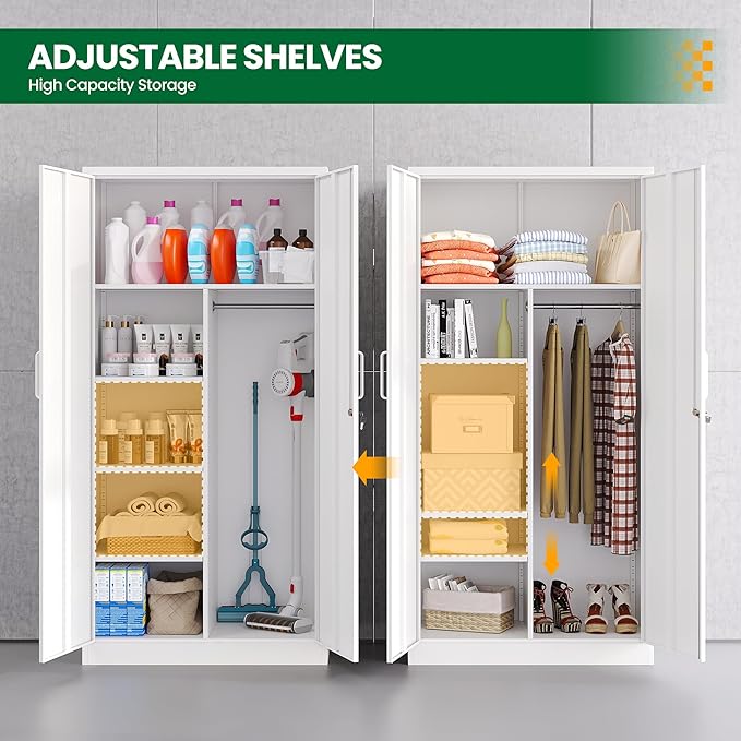 Metal Armoire Wardrobe Closet,72" Metal Storage Cabinet with Lock, 18" D x 36" W Broom Closet with Adjustable Shelves and Hanging Rods, Steel Wardrobe for Home,Bedroom,Office,Employee
