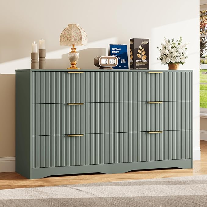 6 Drawer Dresser and Nightstand Sets for Bedroom, Modern Fluted 3 Pcs Bedroom Dresser Furniture Sets, Wood Chest of Drawers and Nightstand Set of 2 with Metal Handles, Green
