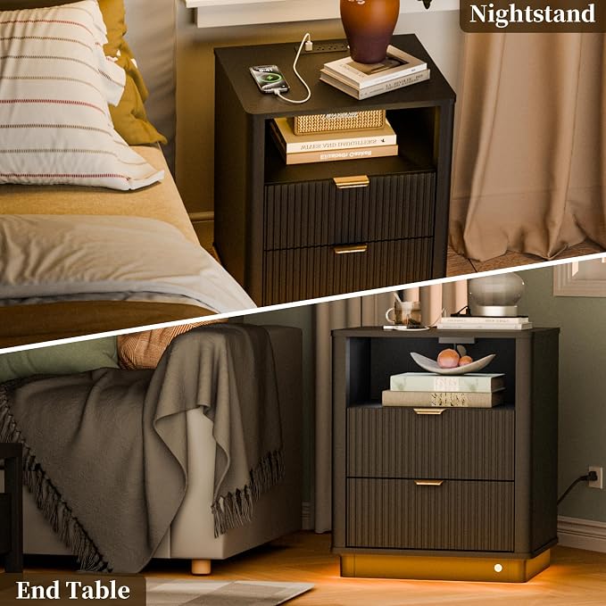 Led Fluted Nightstand, Smart Curved Night Stand with Charging Station Lighting, Wood End Table with 2 Drawers, Modern Side Table Storage Cabinet for Bedroom Office,(1, Black) - Image 6