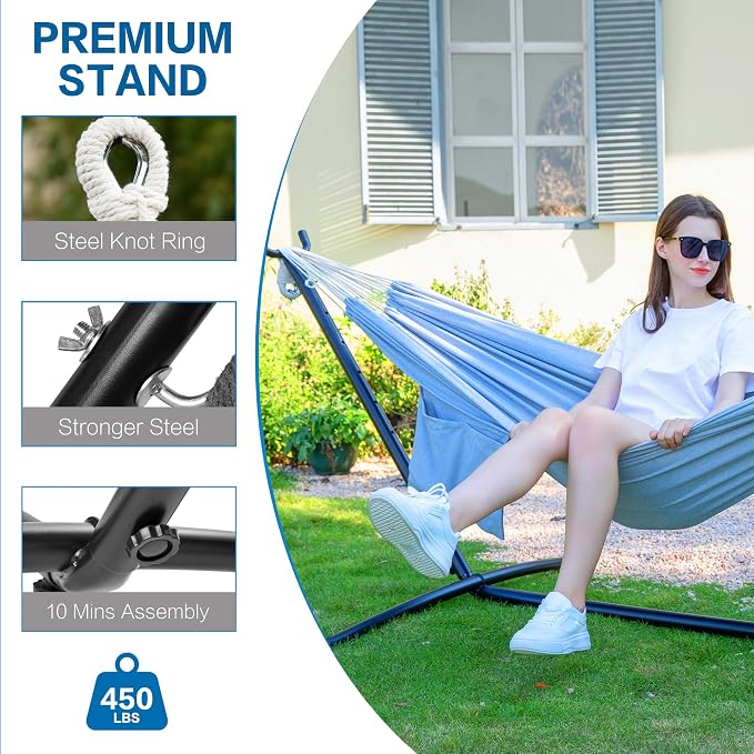 PNAEUT Double Hammocks with Stand for Outside, Portable Space Saving Heavy-Duty Steel Stand for Indoor Outdoor Patio with Carrying Bag, 450 lbs Capacity (Gray) - Image 6
