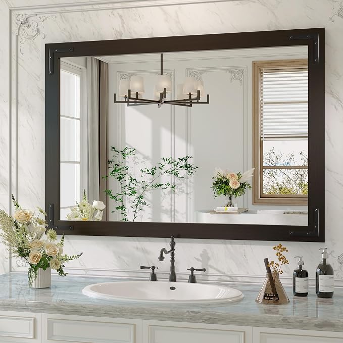 Black Farmhouse Bathroom Mirror, 40x28 Inch Black Wooded Framed Vanity Mirror for Wall, Rectangular Rustic Wall Decor Mirrors for Entryway Living Room Bedroom by JIINGYO