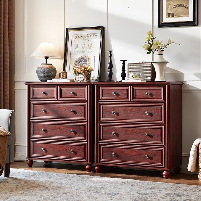 RWYHG Farmhouse 5 Drawer Dresser for Bedroom, 35.5" Tall Small Dressers & Chest of Drawers, Rustic Wood Dresser with Roman Column, Storage Organizer for Living Room, Hallway, Closet (Red Oak) - Image 3