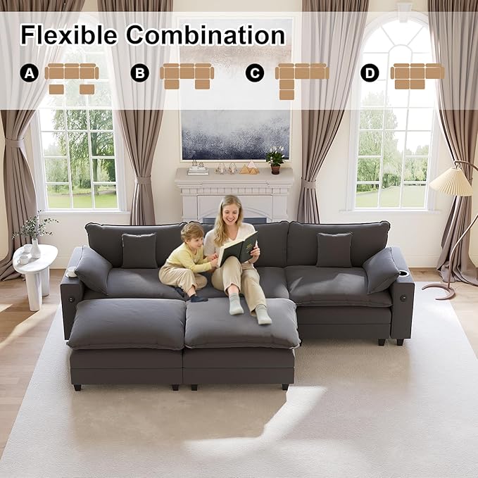 116" Modular Sectional Sofa, U Shaped Cloud Couch with Movable Ottoman, Chenille Deep Seat Cloud Sofa with Charging Station, Cup Holder, Side Pocket, Sectional Couches for Living Room, Grey