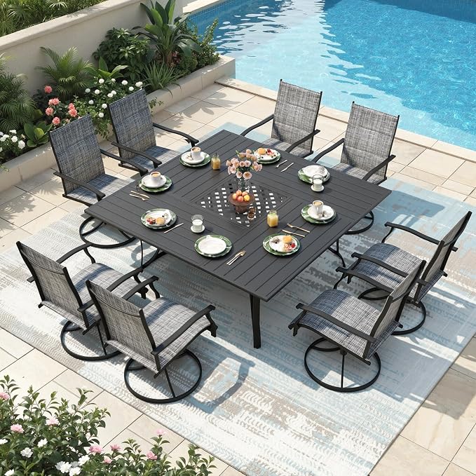 9 Pcs Patio Dining Set for 8, All Weather Outdoor Furniture Set, 59.6" Square Metal Dining Table with Umbrella Hole and 8 High Back Textilene Swivel Chairs for Deck Garden Lawn Poolside, Grey by RedefineModernLiving