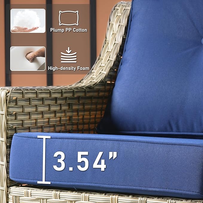 HOOOWOOO 6 Piece Patio Furniture Conversation Sets with Sola Light Table,Outdoor Wicker Furniture with Ottoman, All Weather Resistant Outside High Back Rattan Patio Set(Navy Blue)