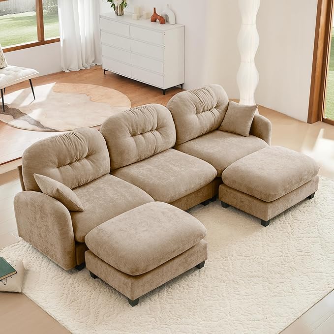 KEIKI 107" U-Shaped Oversized Chenille Modular Sectional Sofa with 2 Ottoman, High-Density Foam Cushions, Tufted Pleated Cushion Backrest, Modern 3-Seater Couch with 2 Pillow, for Living Room, Camel