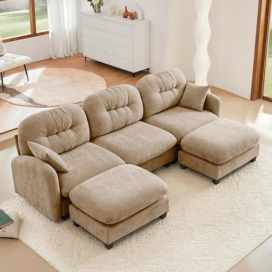 KEIKI 107" U-Shaped Oversized Chenille Modular Sectional Sofa with 2 Ottoman, High-Density Foam Cushions, Tufted Pleated Cushion Backrest, Modern 3-Seater Couch with 2 Pillow, for Living Room, Camel