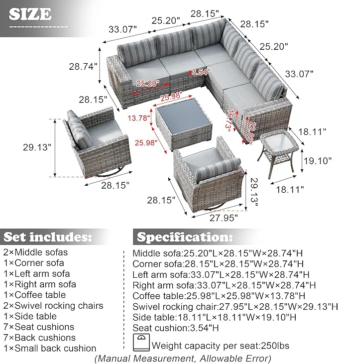 HOOOWOOO 9 Piece Modular Patio Outdoor Sectional Furniture Set with Swivel Rocking Chairs,Wicker Conversation Sofa Set,Outside Couch Set with Wide Arm(Grey Stripes)