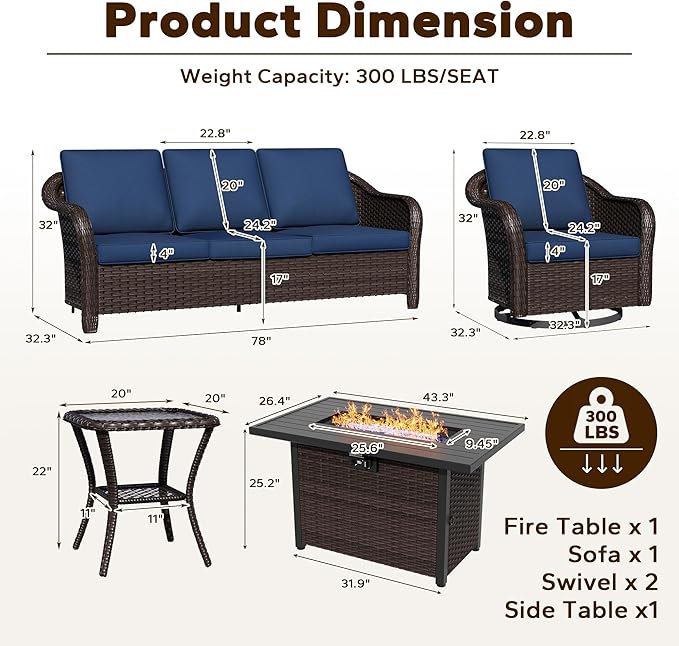 5 Piece Patio Wicker Conversation Set, All-Weather Use Outdoor Wicker Sofa with 2 PE Rattan Ottomans,2 Swivel Chair, 1 Side Table, Ideal for Porch, Backyard, Balcony, Poolside, Blue