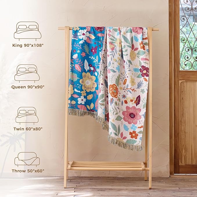 LUTBM Boho Throw Blanket for Couch Sofa Chair Cotton Spring Blankets for Bedroom Living Room All Season Soft Lightweight Reversible Floral Embroidery Throws 50"x60" Bohemian Room Decor