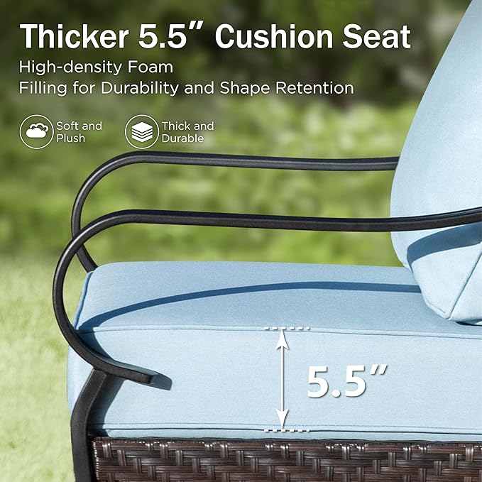 Patio Furniture Set with 56" Fire Pit Table, Premium Outdoor Wicker Metal Frame Furniture with Upgraded Waterproof Thick Cushions for Porch, Poolside, Deck, and Yard （4 Pieces,Blue）