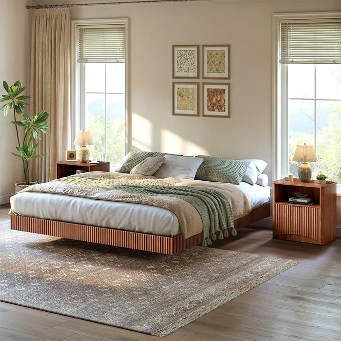Evermagin Bedroom Furniture Set-Bed with 2 Nightstands, Mid Century Modern Bedroom Set, Floating Bed Frame Led Lights, Fluted Floating Room Furnitures, 3-Piece Room Set (Wal, Queen)
