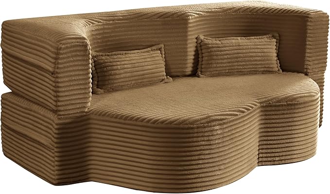 Ball & Cast 78" Convertible Sleeper Sofa Bed with Pillows, Corduroy Folding Mattress Couch Bed, Floor Futon Sofa Comfy Compressed Cloud Couch for Living Room,Camel