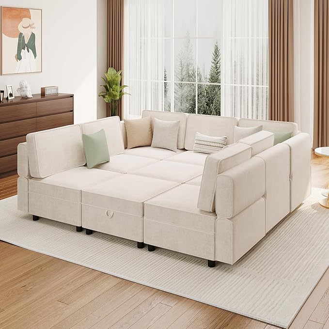 GAOMON Modular Sectional 9-Seat Sofa, L Shaped Sectional Couch with Removable Storage Ottoman, Convertible Sleeper Sofa Suitable for Living Room, Bedroom, and Apartments, Beige