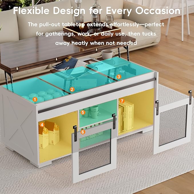 Upgraded Coffee Table with Lifting Top And Sliding Doors, Thick Panels, Industrial Metal Mesh Sides, Dual LED Accent Lights, Large Storage Center farmhouse square Table for Living Room, Cloud Drift