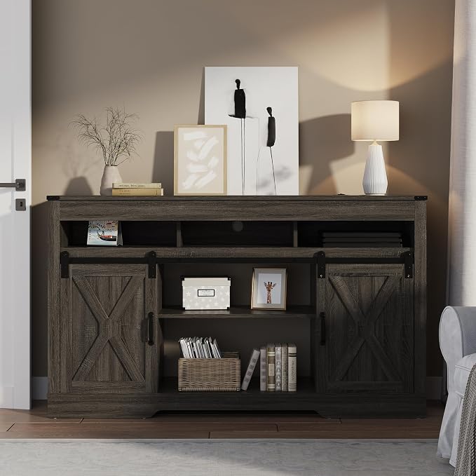 RoyalCraft TV Stand for 65+ Inch TV: Farmhouse Entertainment Center with Storage, Wood TV Console Cabinets with Sliding Barn Door, Tall Media with Adjustable Shelves for Living Rooms, Gray - Image 3