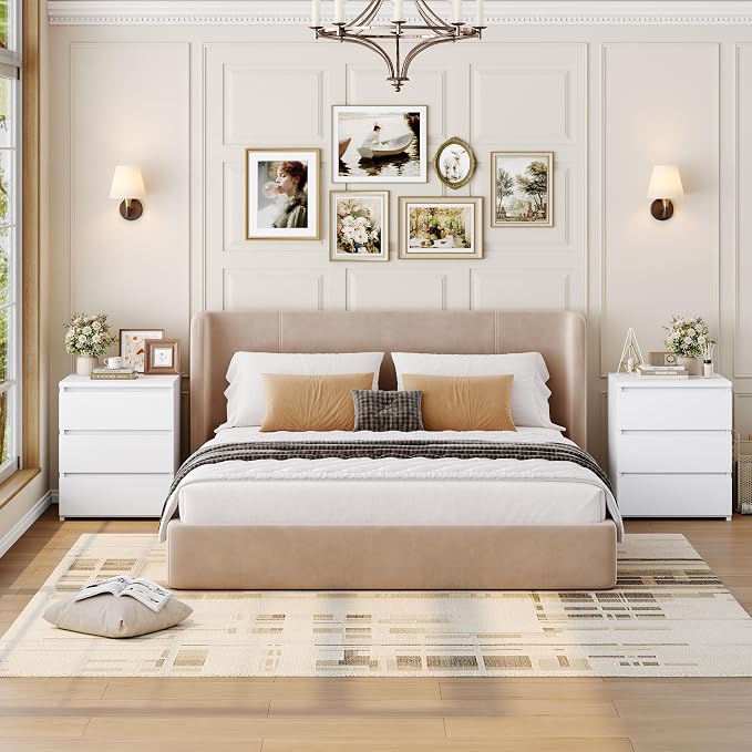 FOTOSOK White Nightstand with 3 Drawers, White Bedside Table Night Stand for Bedroom with Cut-Out Handle, Sofa Side Table 3 Drawer Nightstand for Bedroom, 17.7W*15D*21.7H - Image 2