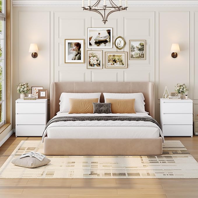 FOTOSOK Nightstand Set of 2 White Nightstand with 3 Drawers, White Bedside Table Night Stand for Bedroom with Cut-Out Handle, Sofa Side Table for Bedroom, 17.7W*15D*21.7H - Image 2