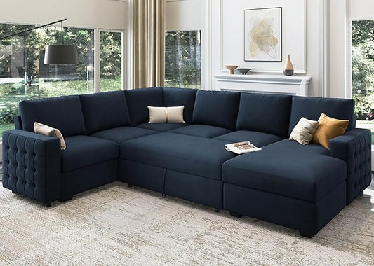 HONBAY Sectional Sleeper Sofa with Pull Out Bed U-Shape Sectional Couch Sleeper Bed with Storage Chaise Lounge Living Room 6 Seater Sectional Sofa,Velvet Dark Blue
