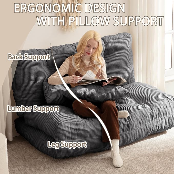 Folding Sofa Bed, Convertible Sleeper Chair with Pillow Foldable Mattress with Back Support, Portable Fold Out Chair Bed Comfy Floor Sofa Lounge for Living Room Bedroom, Dark Gray Full 80x54 Inch