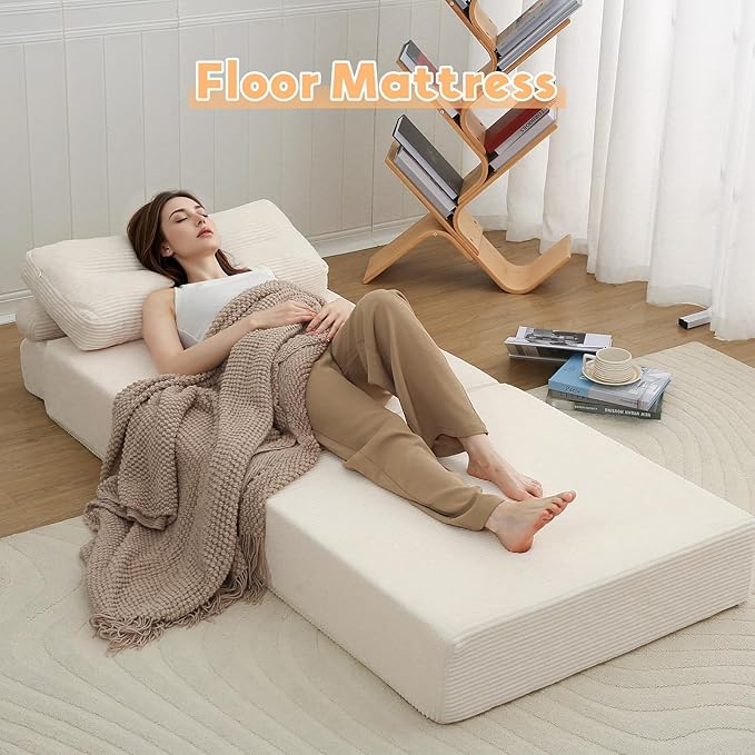 MeMoreCool Folding Sofa Bed – Convertible Sleeper Chair with Pillow, Beige, 31.5″ × 70.1″ Shredded Foam Lounge Chair for Living Room, Bedroom, Small Spaces | Headrest & Lumbar Support, Corded Fabric