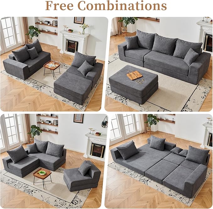 108'' Modular Sectional Couch, Modern 3-Seater Boneless Cloud Sleeper Sofa, L-Shaped Convertible Sectional with Non-Slip Bottom, No Assembly Required, Deep Seats Couch for Living Room, Grey