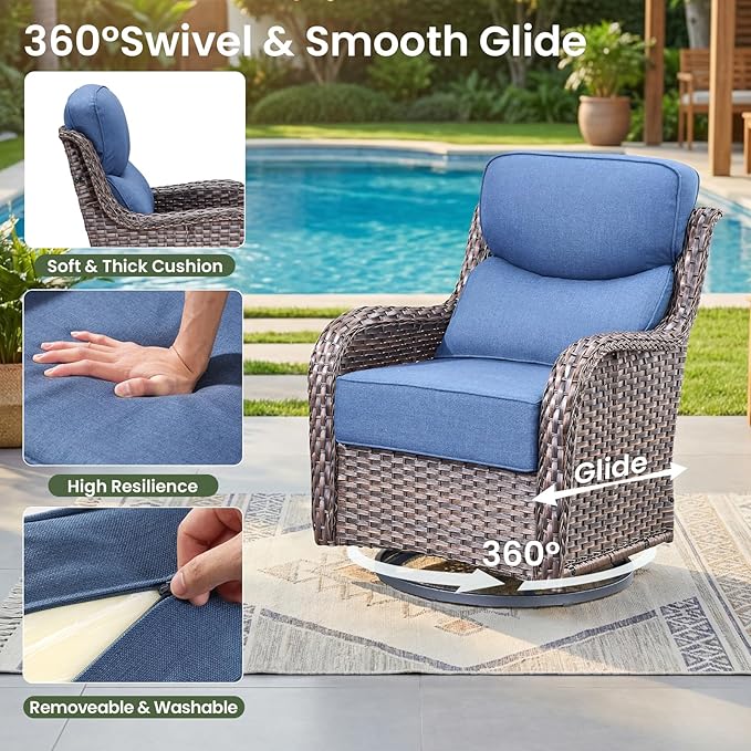 Luxury Patio Furniture Set with 6-inch Thick Cushion, Outdoor Furniture with Fire Pit Table, Swivel Chairs, Sofa, 4pcs Wicker Conversation Set for Deck Yard and Poolside(Blue)