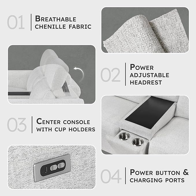 Lexicon Power Reclining Sectional Couches for Living Room-Modular Sectional Sofa, Wall Hugger, 2 Recliner Seats, Console Cup Holders, Power Headrests, Charging Ports, 2 Seater Couch, Chenille Cloud