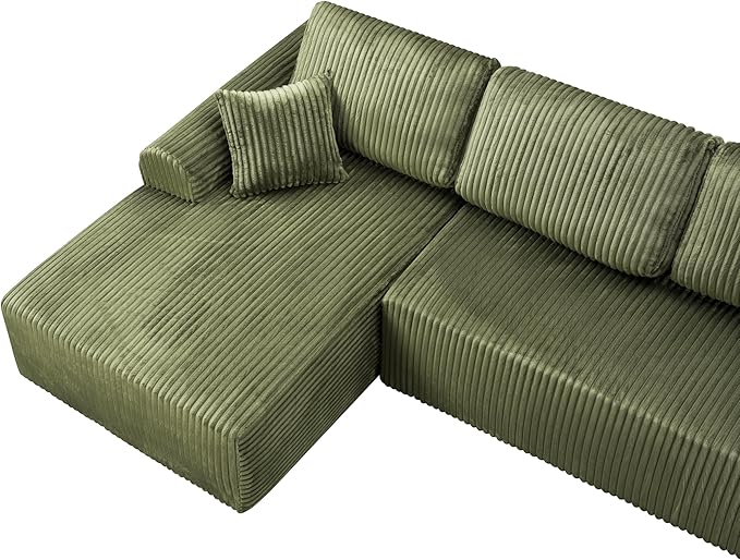109-Inch L-Shaped Left Facing Boneless Corner Sofa 2 PCS Modular Sectional Cloud Sofa Couch with Chaise Lounge and Toss Pillow, Corduroy Boneless L-Shaped Couches