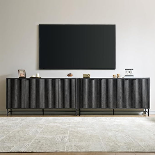 Fatmok 65" Large Sideboard Buffet Cabinet with Storage, Set of 2 Modern Fluted Credenza Accent Coffee Bar Console Tables with Doors & Adjustable Shelves for Living Room or Hallway, Black & Grey by Fatmok