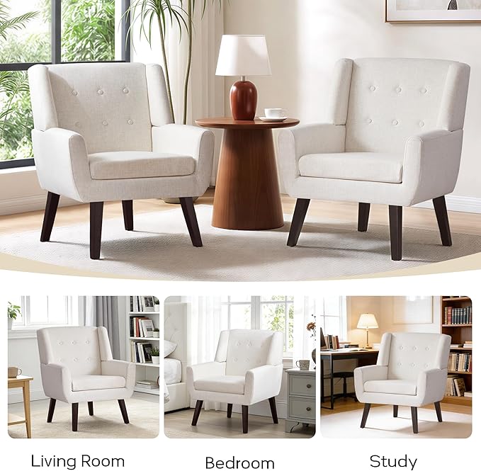 HUIMO Accent Chair Living Room Chair, Upholstered Button Tufted Armchair, Linen Fabric Sofa Chairs for Bedroom, Living Room, Mid-Century Modern Comfy Reading Chair (Beige)