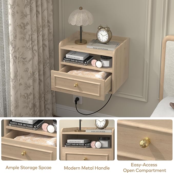 Floating Nightstand with Charging Station Set of 2, Modern Wall Mounted Bedside Tables with Drawer & Open Shelf, Modern Hanging Table with USB & Type C Ports for Bedroom, Small Spaces (White Oak) - Image 4