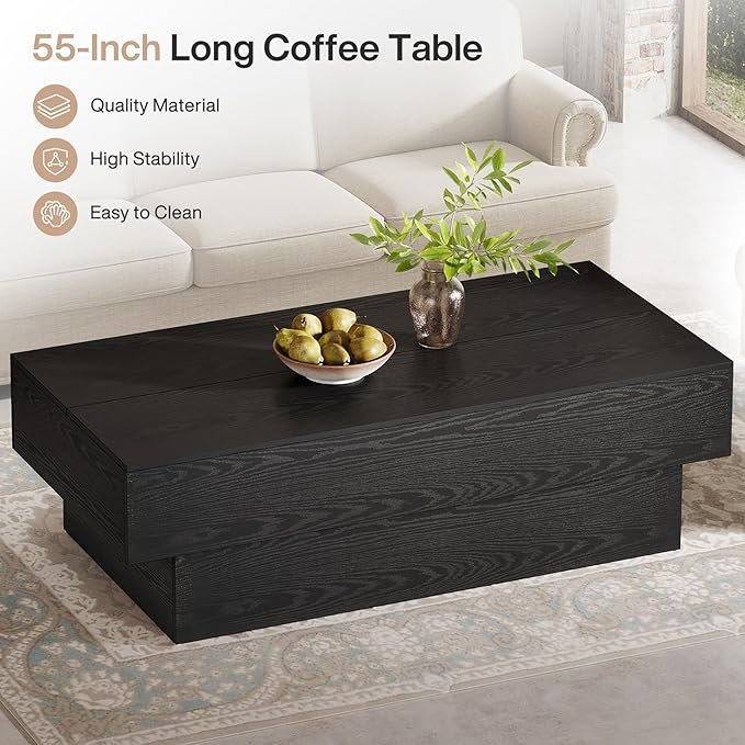 Tribesigns Modern Black Coffee Table, 55-Inch Rectangle Wooden Tea Table, Large Center Table for Living Room, Reception Room