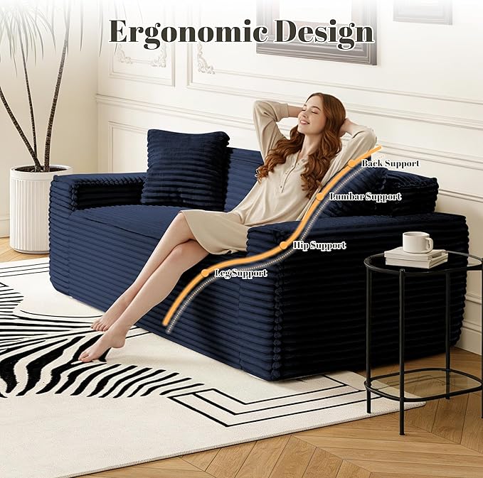 75" Cloud Loveseat Sofa, 26" Deep Seat Boneless Couches for Living Room, Modern 3 Seater Sofa with Throw Pillows, Corduroy Compression Sofa in Box, No Assembly Couch for Bedroom, Dorm, Dark Blue