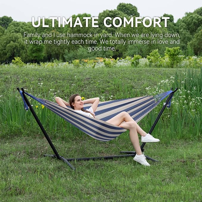 PNAEUT Double Hammocks with Stand for Outside, Portable Space Saving Heavy-Duty Steel Stand for Indoor Outdoor Patio with Carrying Bag, 450 lbs Capacity (Sky) - Image 2