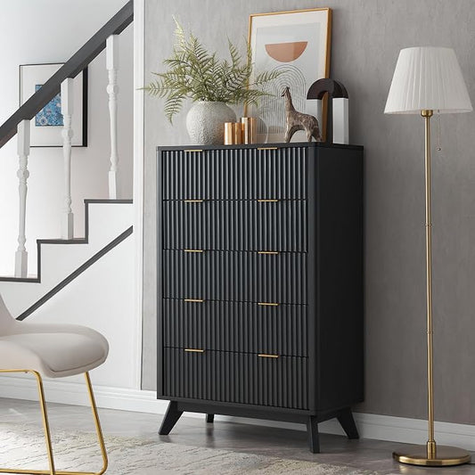 T4TREAM Fluted 5 Drawers Dresser, 48" Tall Modern Chest of Drawers with Faux Marble Top, Curved Profile Design, Wood Drawer Organizer for Bedroom, Living Room, Hallway, Entryway, Dark Grey by T4TREAMFurniture